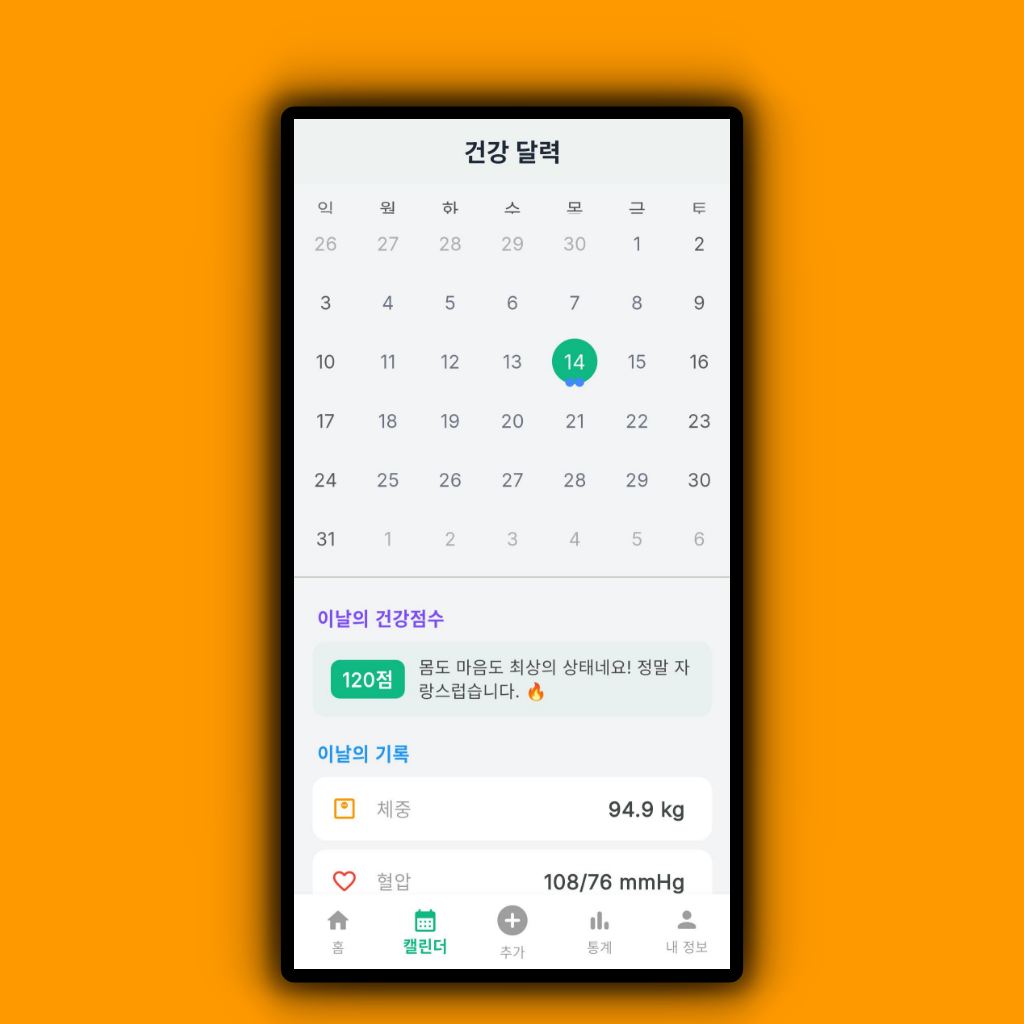 건강 리포트 및 캘린더 화면
